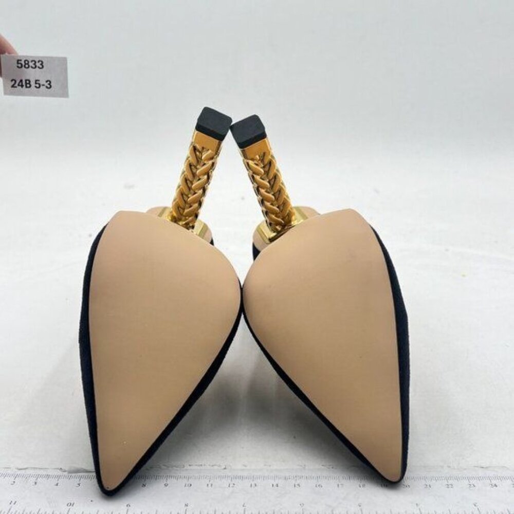 FSJ Navy Suede Gold Metal Chain Chunky High Heel Pointed Toe Slip On Prom Shoes - Picture 7 of 8
